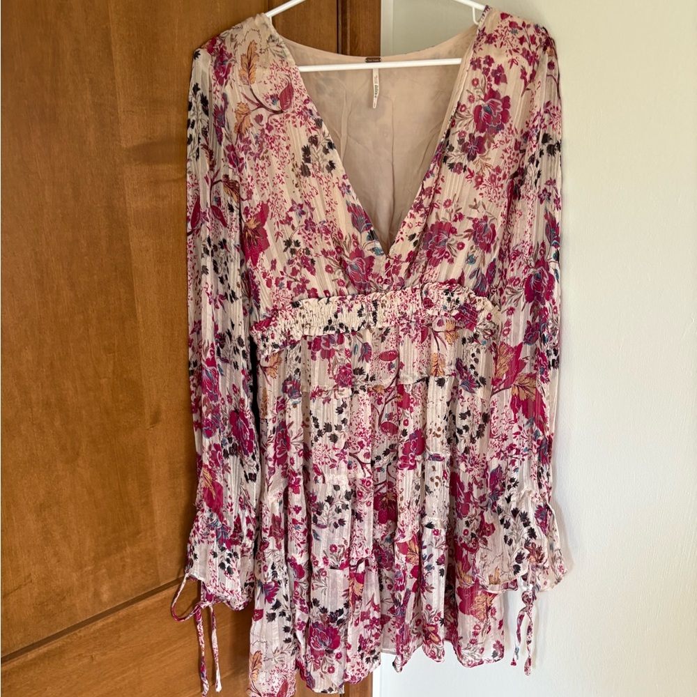 Free People Floral V-Neck Long Sleeve Women's Mini Dress
